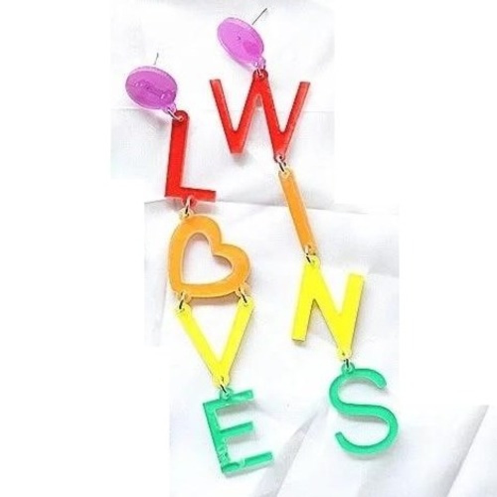 Love Wins Pride Statement Earrings Dangle Drop Rainbow Acrylic Colorful‎